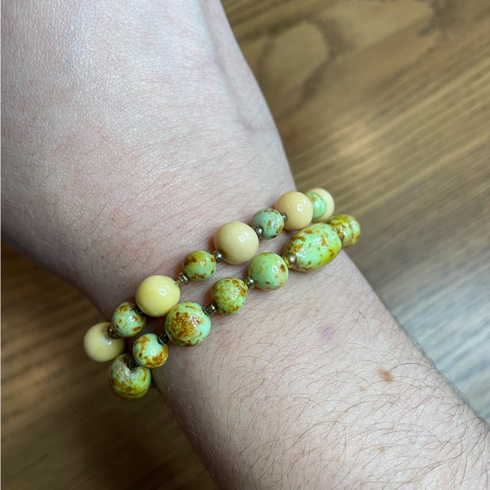Set of Two Hand-rolled Clay Beaded Bracelets - Mint Green and Off White - Picture 3 of 4